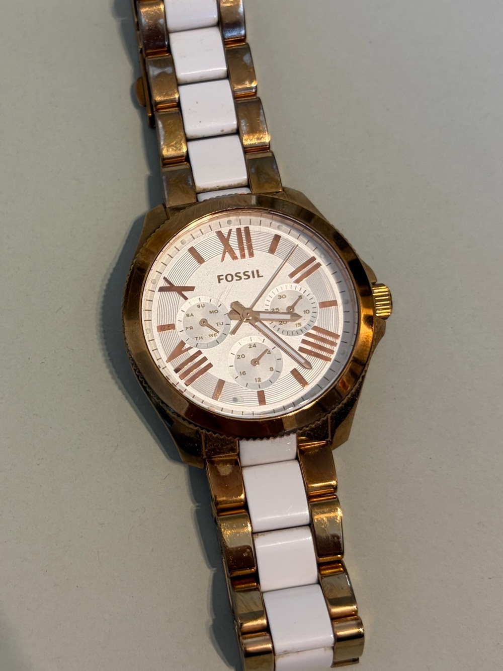Fossil Two-Tone Rose Gold and White Ceramic Bracelet Watch